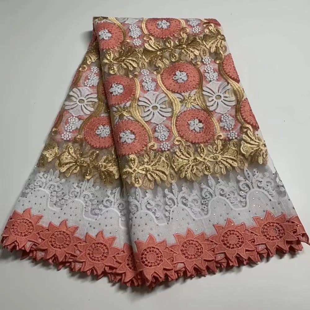 

New Arrival High Class African Cord Lace Fabric with Stones 5Yards High Quality African Guipure Tulle Lace Fabric for Wedding