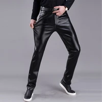 leather pants mens skinny pants elastic spring autumn fall fleece thickened youth man leather motorcycle pants male pencil pants