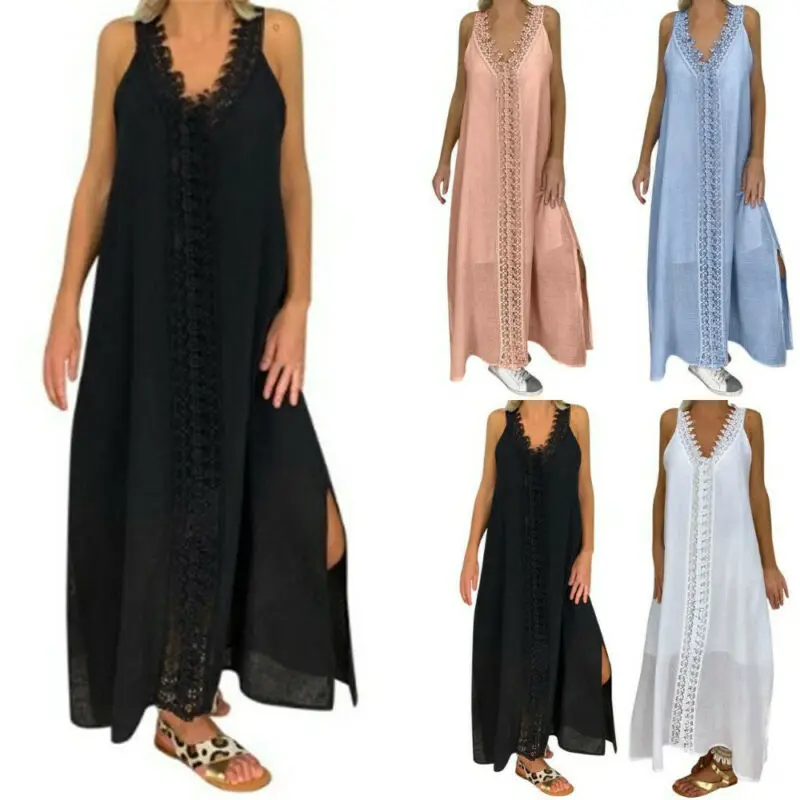 

Plus Size Long Dress Women Patchwork Lace Sleeveless V Neck Maxi Dress Loose Ladies Dress Summer Sundress