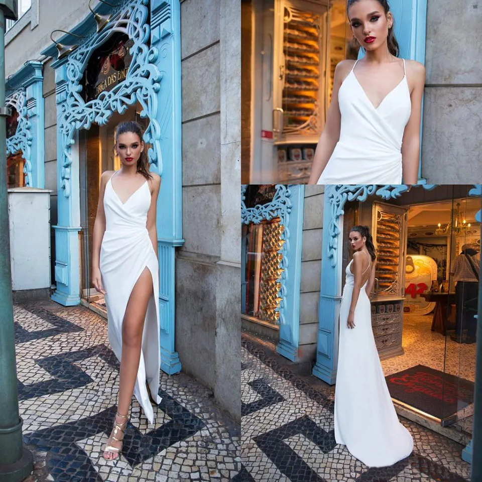 

V-Neck Sleeveless Thigh-High Slits Custom New Elastic Satin NONE Train Formal Dresses Floor-Length Prom Party Gown Evening Dress