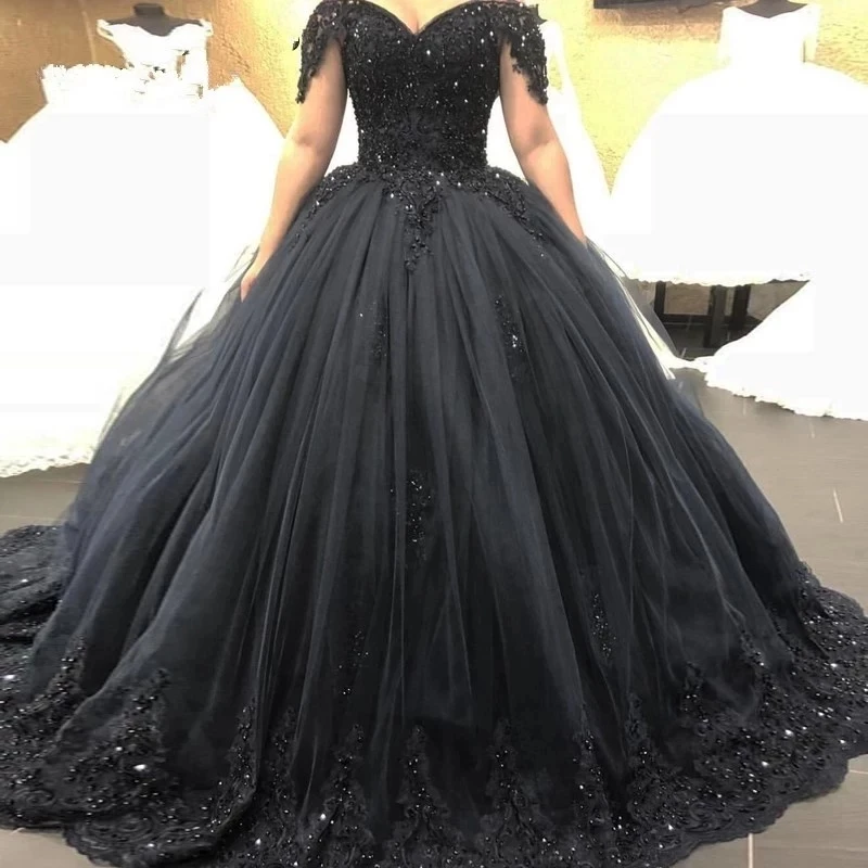 

ANGELSBRIDEP Sweetheart Black Tulle Ball Gown Wedding Dress Cap-Shoulder Applique Court Train Formal Robe De Soire De Mariage