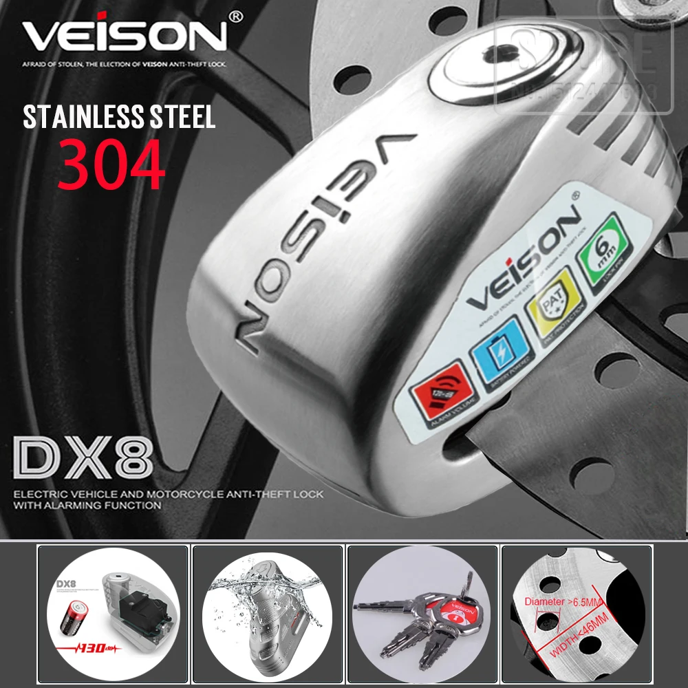 

Veison Motorcycle Alarm Disc Lock Anti-theft Bike Waterproof Anti theft Brake Lock DX8 Stainless steel Rope Gift