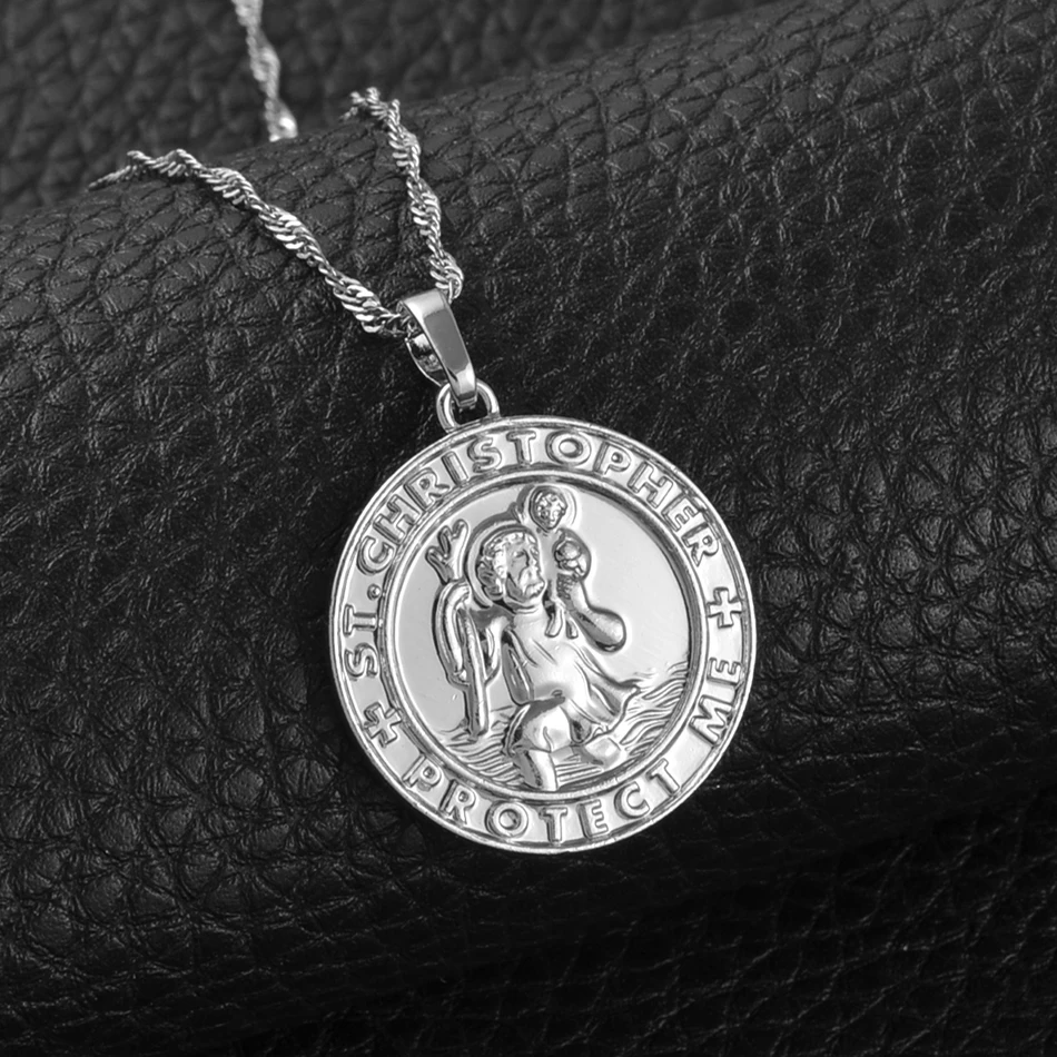 Anniyo St. Christopher Protect Me Necklaces for Women - Light Gold/Silver Color Saint Christophe Pendant - Religious Jewelry #040904 image 3