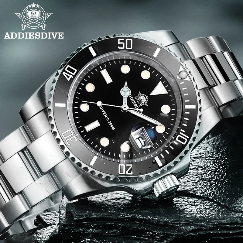 Addies Dive Watch 200m 2115 Quartz Watches Men C3 Super Luminous Calendar Diving Watch Fashion Stainless Steel Men's Watches