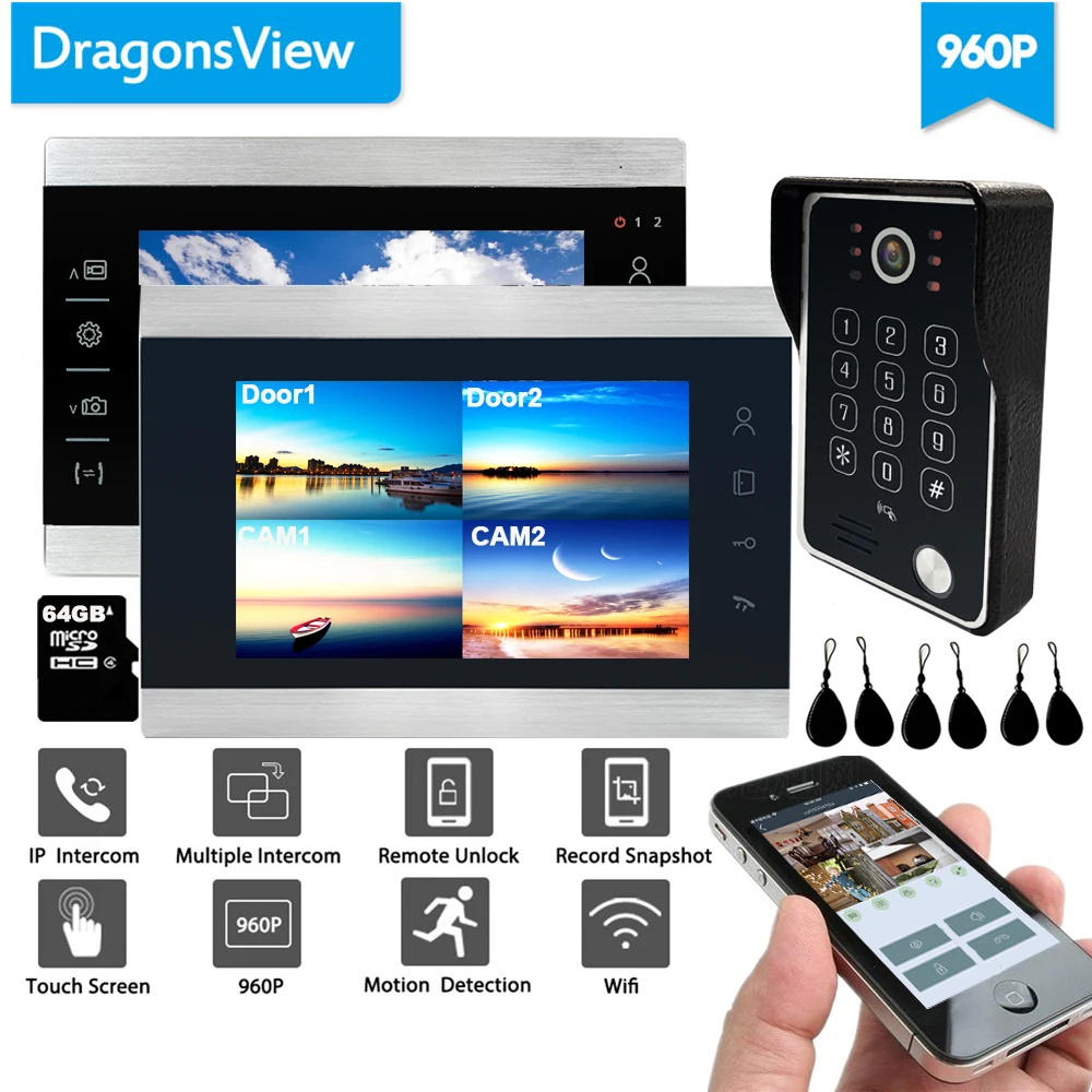 Dragonsview IP видео домофон система 7 дюйм беспроводной монитор 960P Wifi дверной звонок