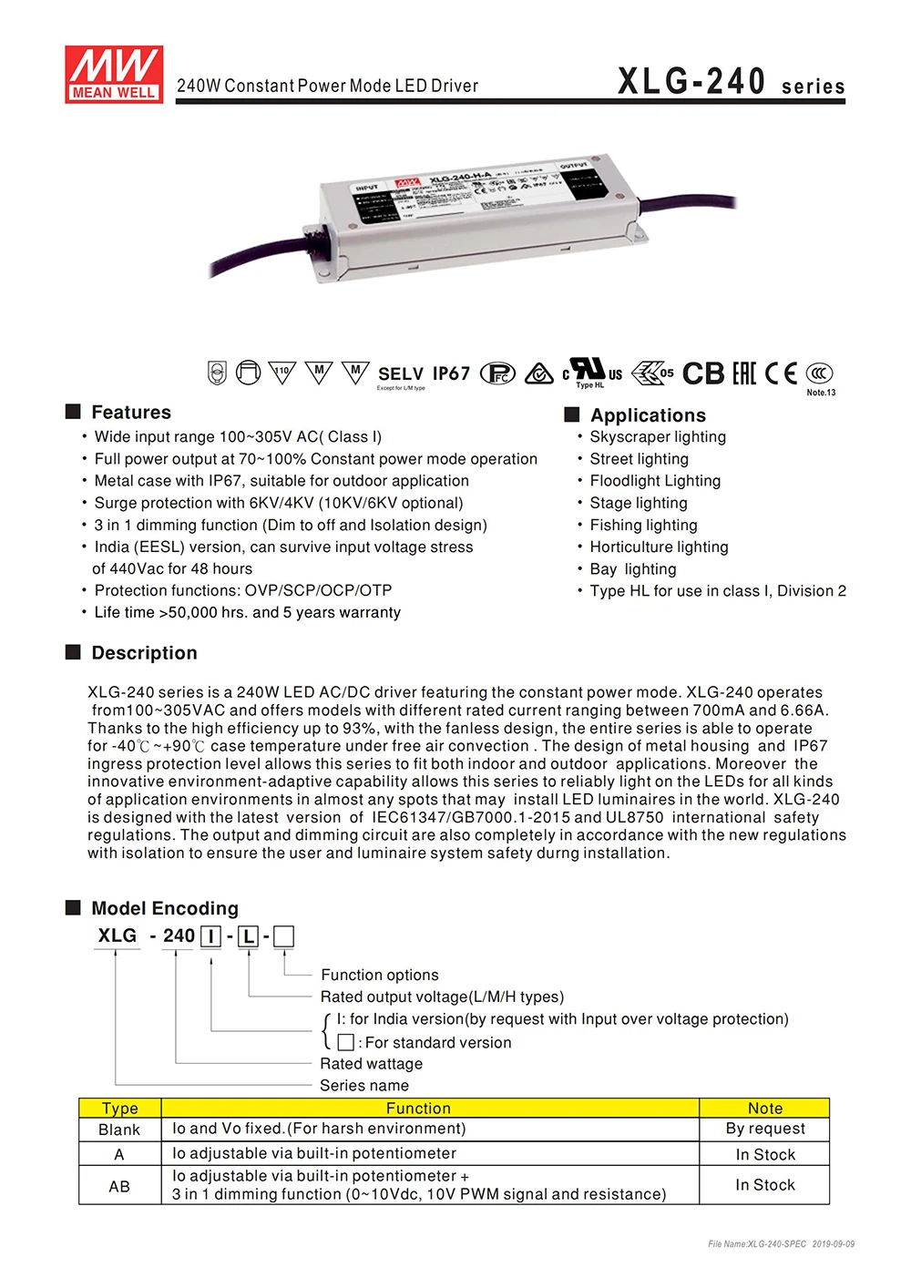 MEAN WELL XLG-240-H-A 240W 27-56V 4,28~ 6.66A CC mode светодиодный драйвер, светодиодный источник питания, регулируемый