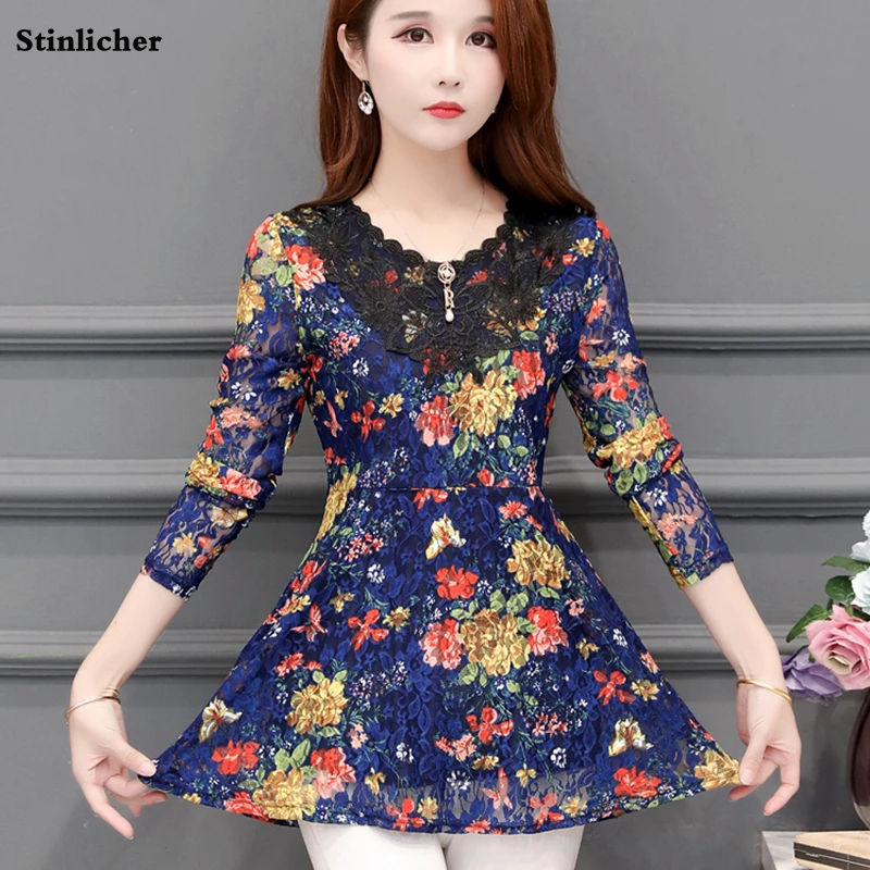 

Plus size 5XL women shirts elegant long flower lace shirts blouse tops women vintage large size shirts ladies