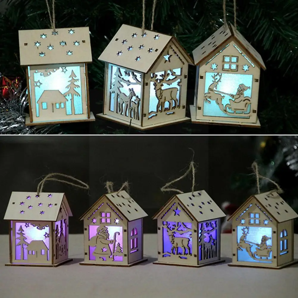 

Diy Wooden House 2022 New Year Gift Window Decoration House Cabin Decor Decorations Christmas Luminous Christmas Tree Q9j0