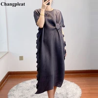 changpleat miyak pleated fungus dress summer fashion loose large size oneck solid button decoration dresses for women party tide