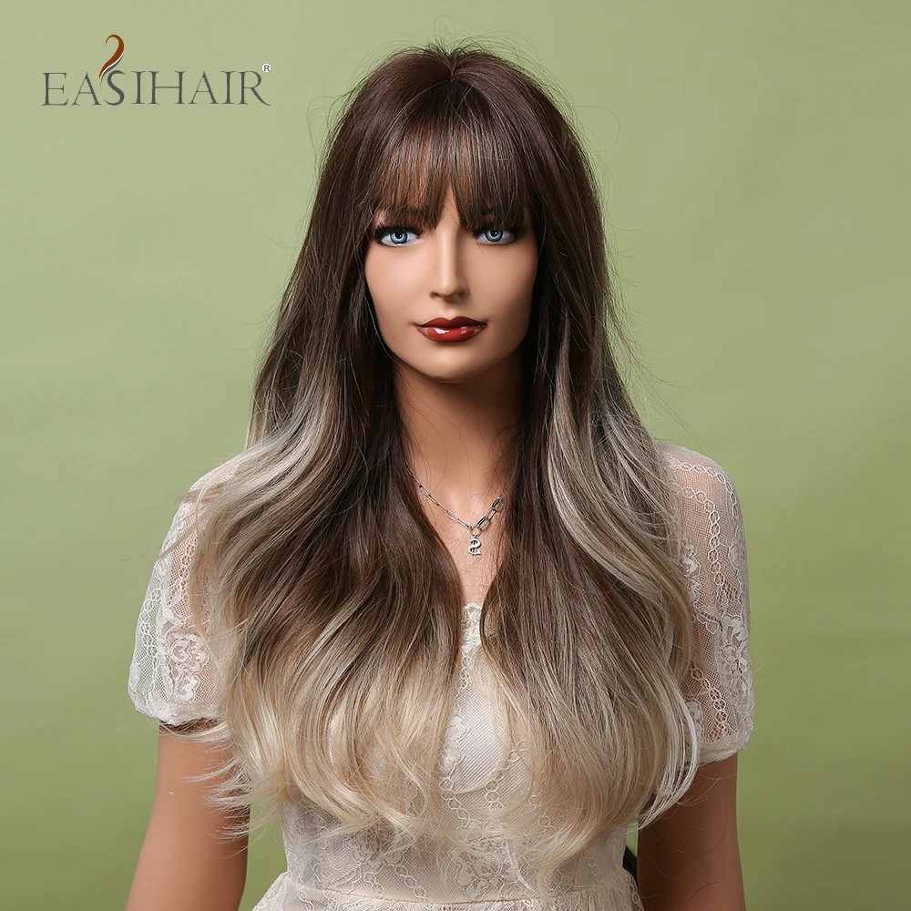 Длинные волнистые синтетические парики с челкой для женщин жаропрочные
