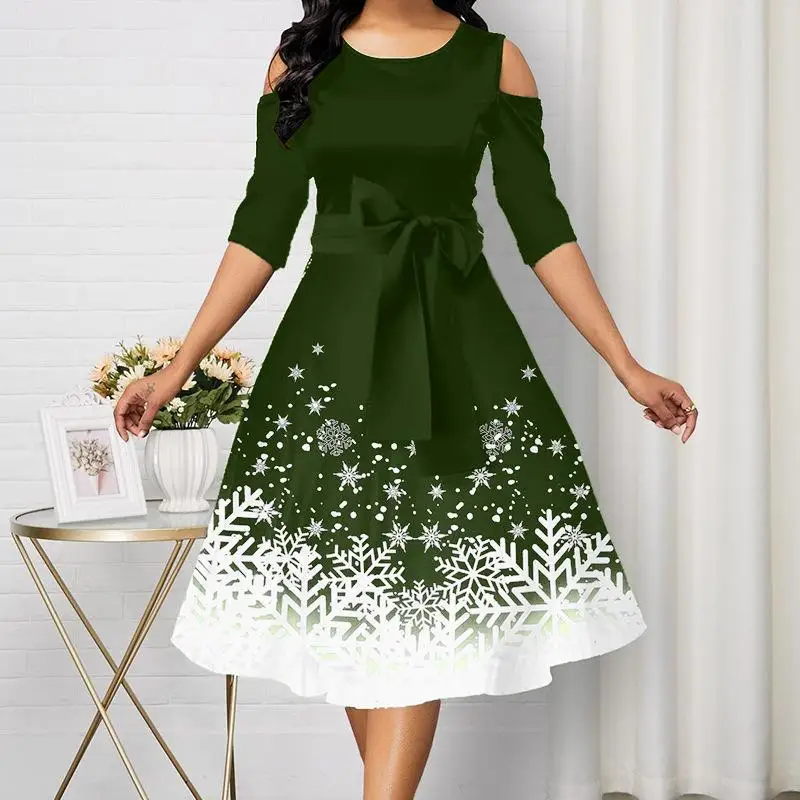 

Female Swing Christmas Snowflake Element Dress Ladies O Neck Strapless Contrast Party Dress Autumn Half Sleeve High Waist Dress