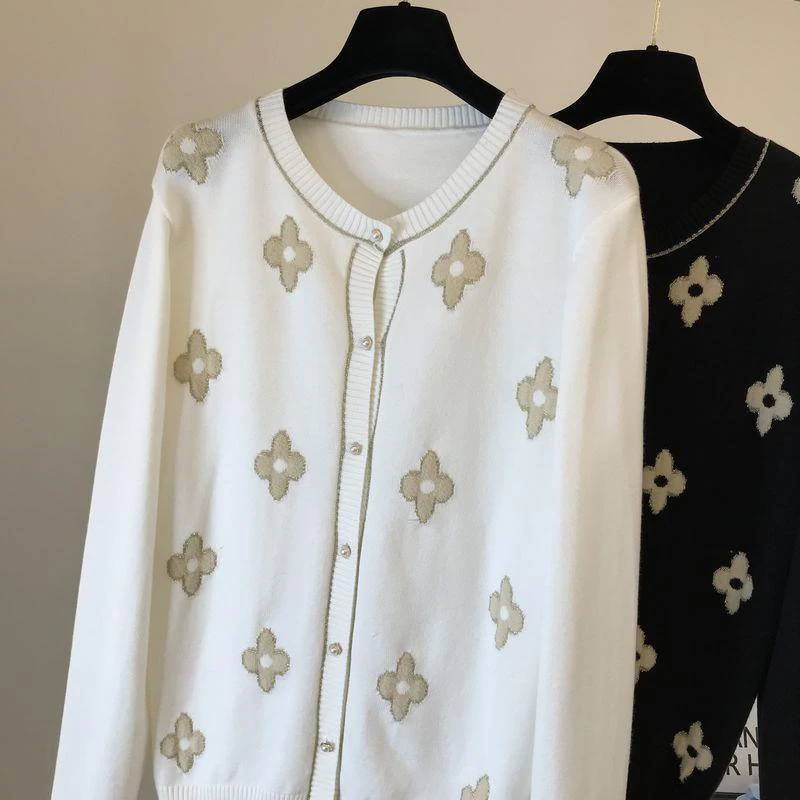 

Korean Style Floral Knitted Cardigan Coat Harajuku Winter Clothes Sweater Oversize Thin Round Neck Bright Silk With Sweater Top