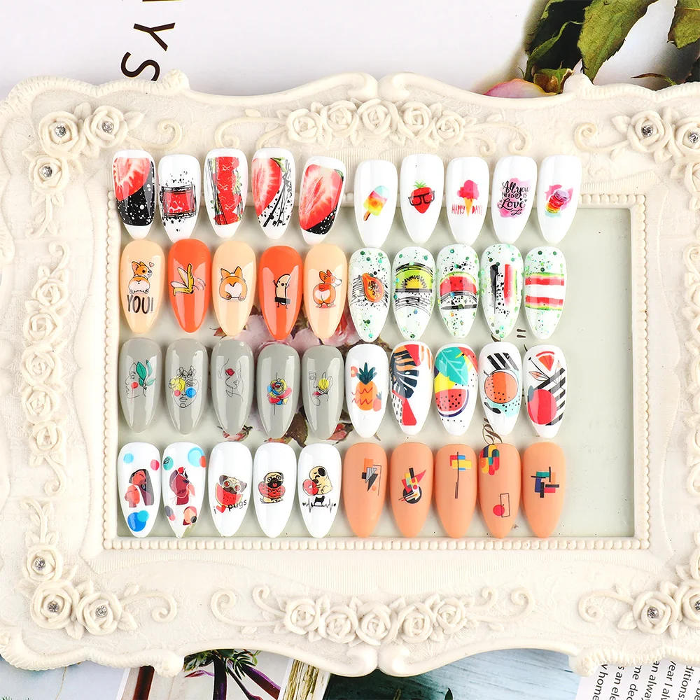 

12pcs Avocado Nail Stickers Cute Cartoon Transfer Sliders For Nails Dog Cat Water Decals Anime Tatto For Manicure GLBN1585-1596