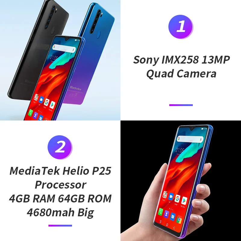 Смартфон Blackview A80 Pro 4 + 64 ГБ экран 6 49 дюйма Восьмиядерный процессор Helio P25 Android 9 0