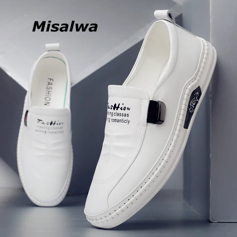

Мужские повседневные кожаные кроссовки Misalwa, белые удобные слипоны на плоской подошве, простые дышащие мокасины, весна-лето