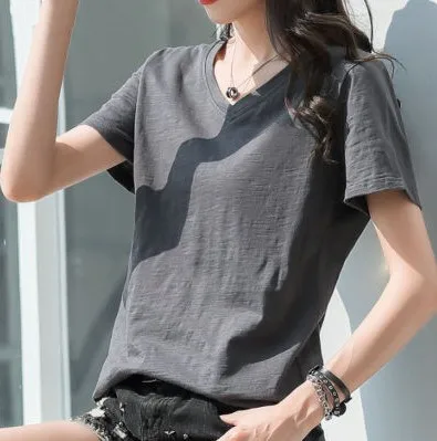 

2021 NEW FASHION T-SHIRT Women's Slim Summer 100 Pure Cotton V-neck