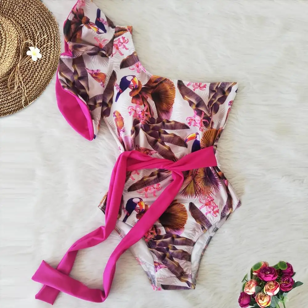 

One Shoulder One Piece Swimsuit 2020 Sexy Print Swimwear Women Swimsuit Ruffle Bathing Suit Beachwear Monokini Swim