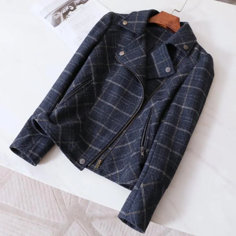 

Pop Spring Pop Women's Coat Short Slim Western Style Checkered Tooling Motorcycle Jacket Female Outerwear