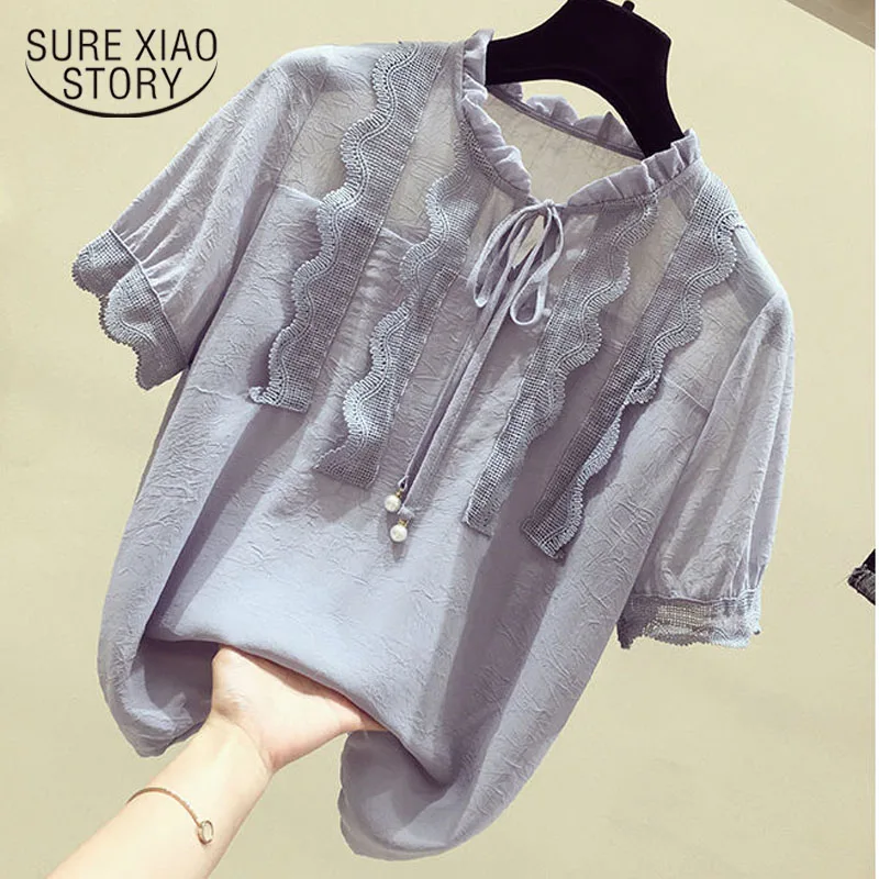 Женская шифоновая блузка с кружевом однотонная тонкая Свободная коротким