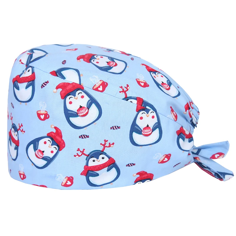 

Christmas Penguin Nurse Scrub Caps Work Nursing Hat Print Unisex 100% Cotton Beautician Chef Cooking Skull Cap M350