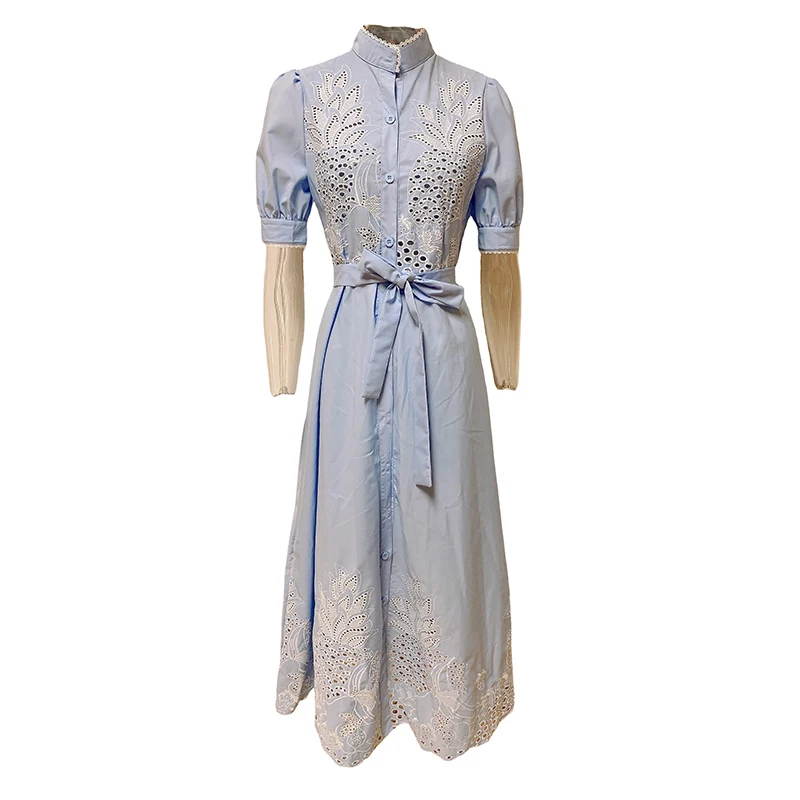 

GALCAUR Hollow Out Patchwork Dress For Women Lapel Puff Short Sleeve High Waist Lace Up Ankle Length Dresses Female 2021 Stylish