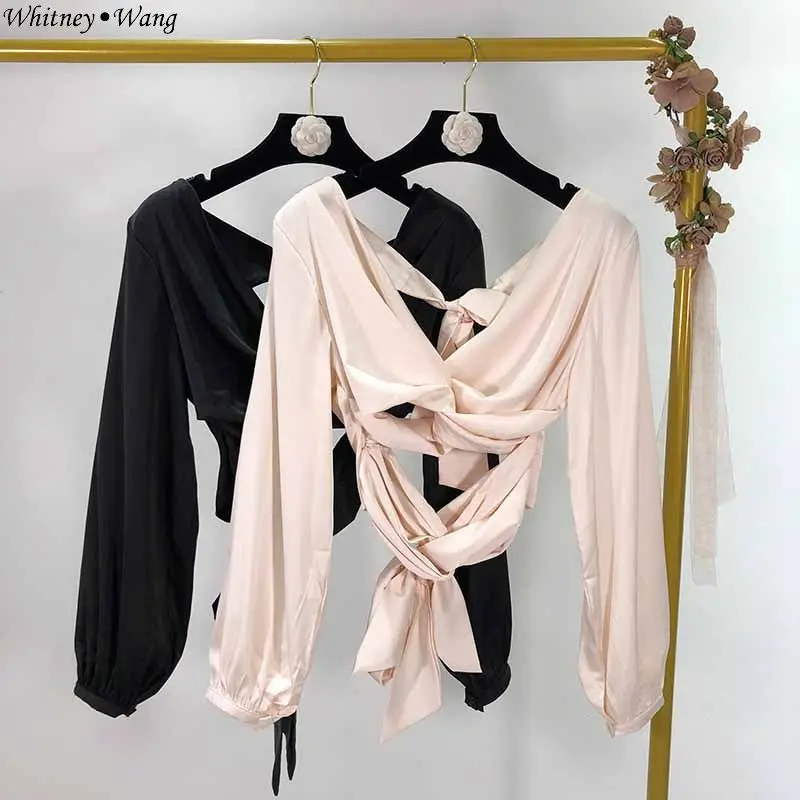 Женская атласная блузка с открытой спиной осень 2019|Блузки| |