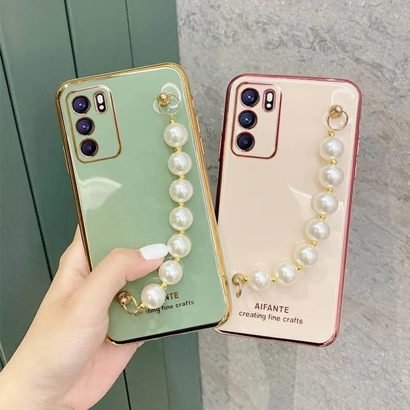 Luxury Wrist Chain Pearl Bracelet Case For Oppo Reno6 Cover For Oppo Reno6 Pro Case Soft Silicone Capa oppo Reno 6 Pro