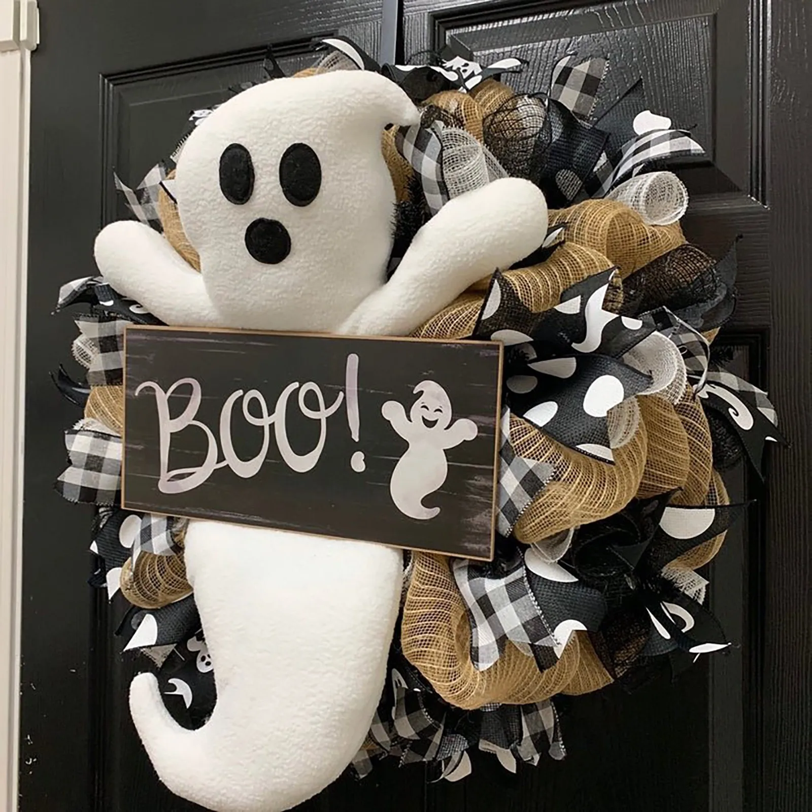 

Halloween Wreath BOO! Farmhouse-Ghost Wreath Outdoor Front Door Indoor Wall Decor Honeycomb Ghost Smiley Balloon For Halloween