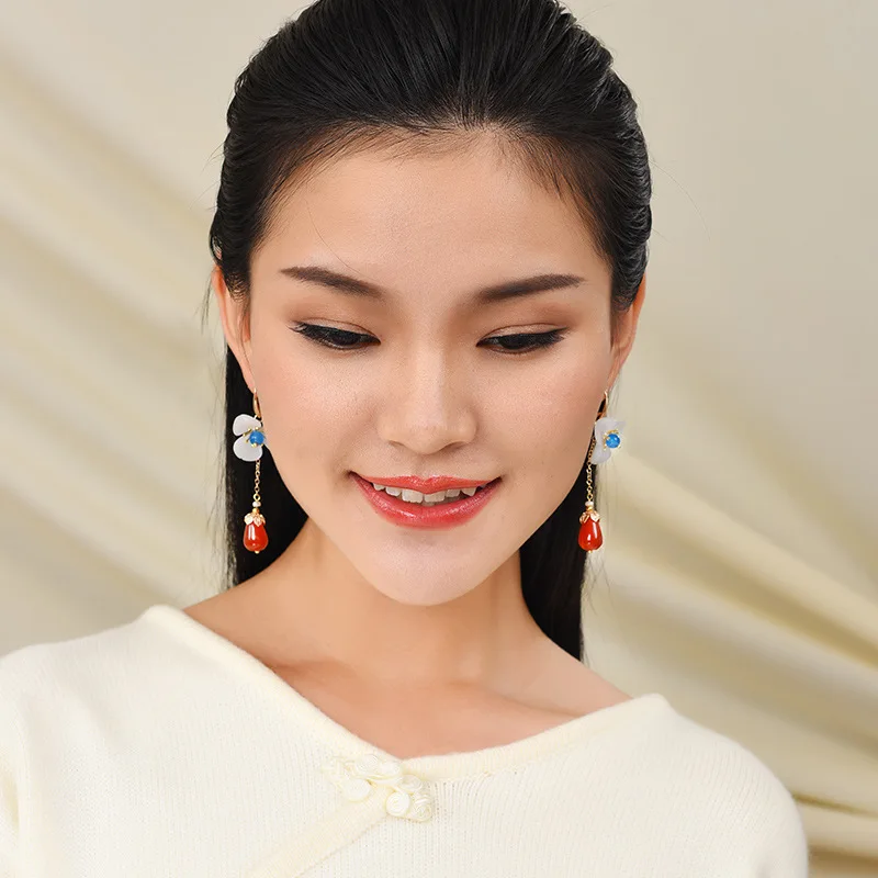 Ретро длинный стиль три листа цветок красный кулон серьги Корейский темперамент