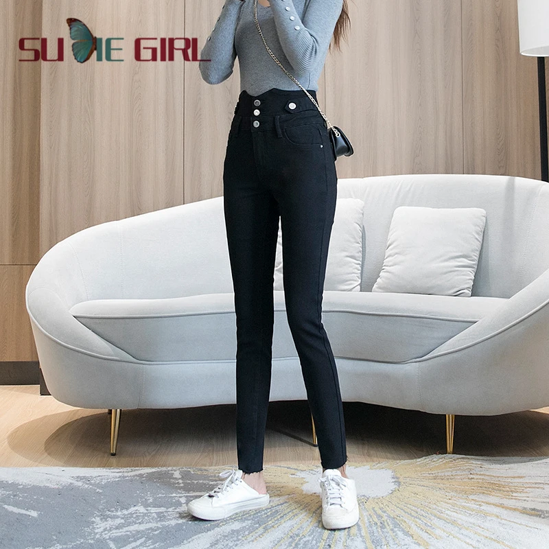 

SUDIE Girl High waist jeans women's summer 2020 new stretch and thin black high-rise tight-fitting all-match pants