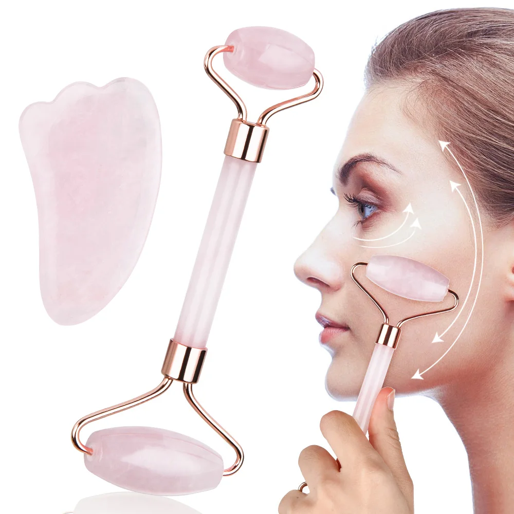 

Rose Quartz Powder Crystal Jade Roller Massage Spa Natural Pink Handmade Gua Sha Stone Facial Beauty Device Face Skin Care Tool