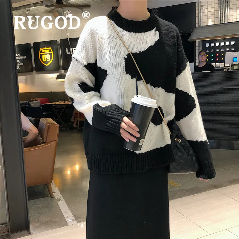 Женский пуловер с круглым вырезом RUGOD черно-белый свободный толстый вязаный