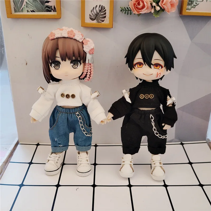 

New 16cm BJD Ob11 Doll Clothes Trend Chain Ripped Pants Suit 1/12 Doll House GSC Obitsiu 11 Universal Accessory Kawaii DIY Gift