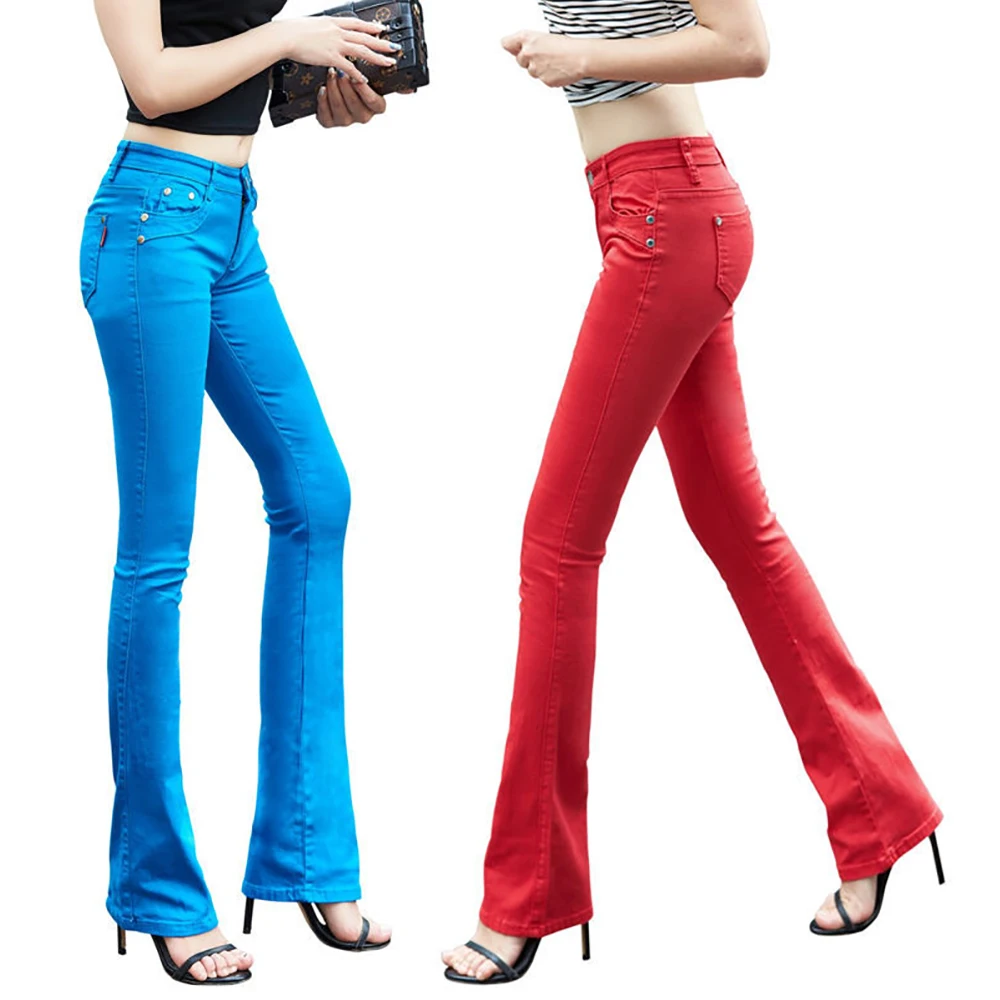 

Women Jeans 2020 Candy Color Bodycon Woman Denim Pants Workwear High Waist Slim Elastic Ladies Flare Trousers pantalone femme