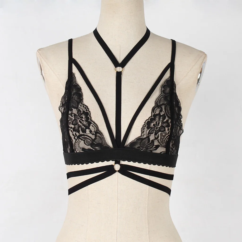

Women Lace Hollow Out Camis Elastic Cage Bra Bandage Strappy Halter Vest Bustier Tank Top Camisole Thin Spaghetti Straps Bodycon