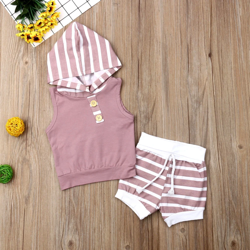 

0-18M 2019 Newborn Infant Baby Girls Boys Hooded Stripe Tops + Shorts Pants Outfits Sunsuit Summer Kids Clothes Set