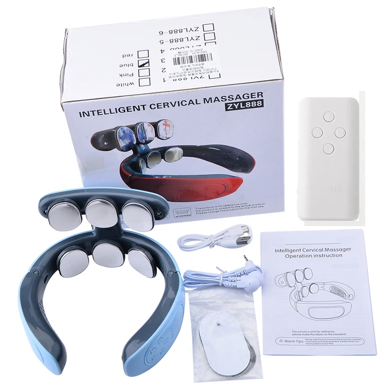 

6 Heads Electric Neck Massager Hot Compress Shoulder Cervical Massager TENS Pulse Neck Massage Voice Broadcast W/ Remote Control
