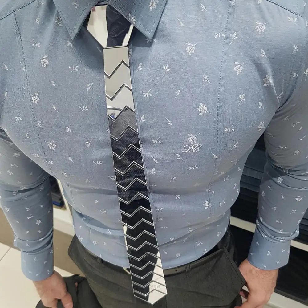 GEOMETIE Handmade Geometric Pattern Necktie Saw Tooth Shape Silver Mirror Ties for Men Fashion Wedding Accessory Fashion Jewelry
