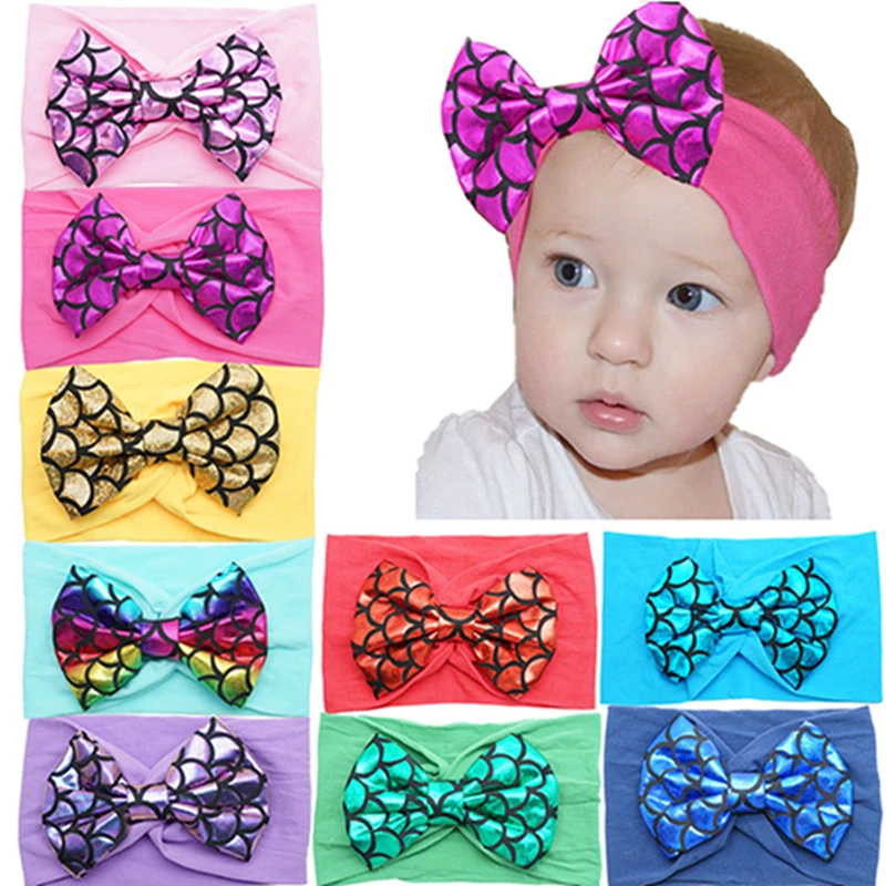10*7 CM Fashion Soft Nylon Elastic Headband Colorful Fish Scale Pattern Bows Toddler Hairband Cute Bowknot Headwear Photo Props