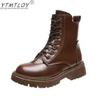 Пикантные женские полусапожки на толстой подошве, женские короткие коричневые вечерние туфли на шнуровке спереди, Женская стильная обувь 2021