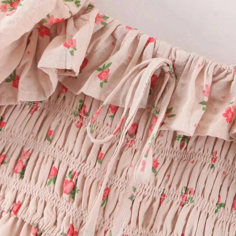 

Ruffles Square Collar Puff Sleeve Femme Robe Shirring High Waist Slim A-line Long Dress 2021 Summer French Style Print Vestidos