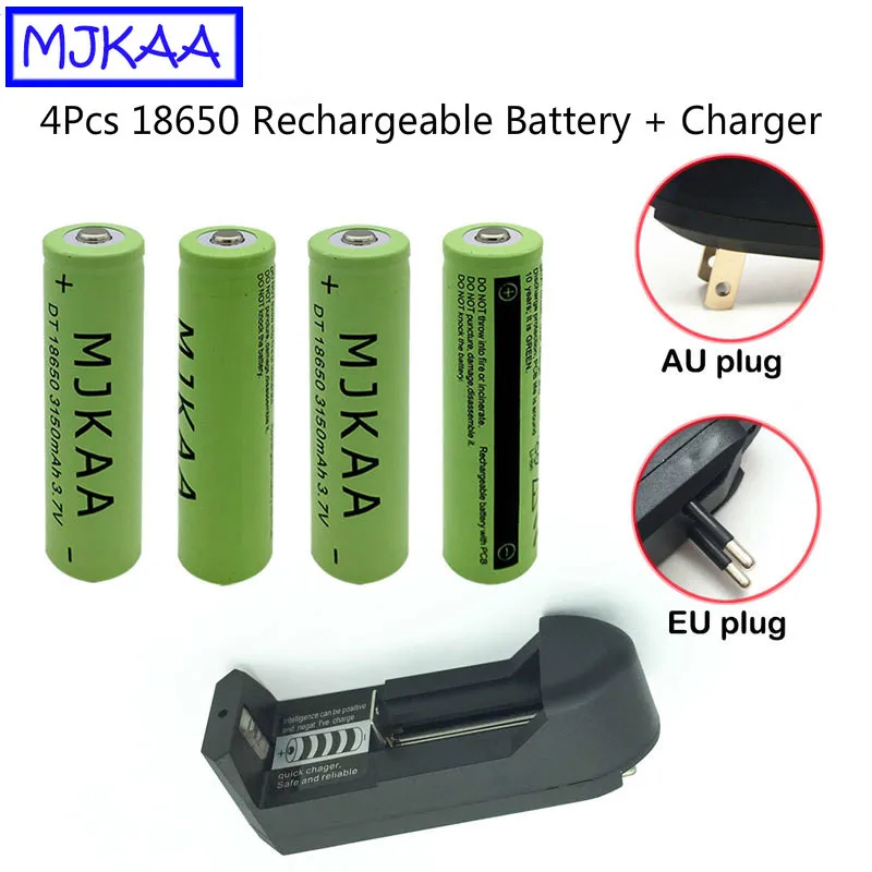 MJKAA 4 шт 18650 3150mAh 3 7 V литиевая аккумуляторная батарея + зарядное устройство EU AU