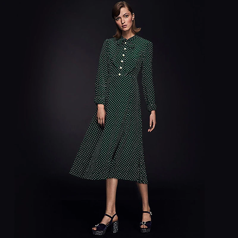 

Gedivoen Spring Green Fashion Runway Casual Dress Women Bow Collar Oolka Dot Print Knee Length Dress A Line Party Dresses
