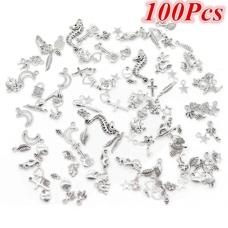 Оптовая продажа, 100 шт., тибетские серебряные разные кулоны, изготовление ювелирных изделий, подвески «сделай сам» в виде животных, цветов, сердца