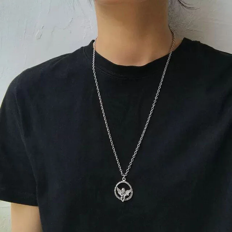 

Vintage Harajuku Gothic Silver Color Heart Shaped Angel Cupid Pendant Chain Necklaces For Women Men Egirl Trendy Jewelry TLSM
