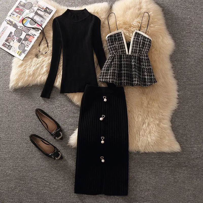 

2021 Women Autumn Winter New 3 Piece Set Female Woolen Plaid Sling + Slim Skirt + Long Sleeve Knit Tops Ladies Sexy Suits Y816