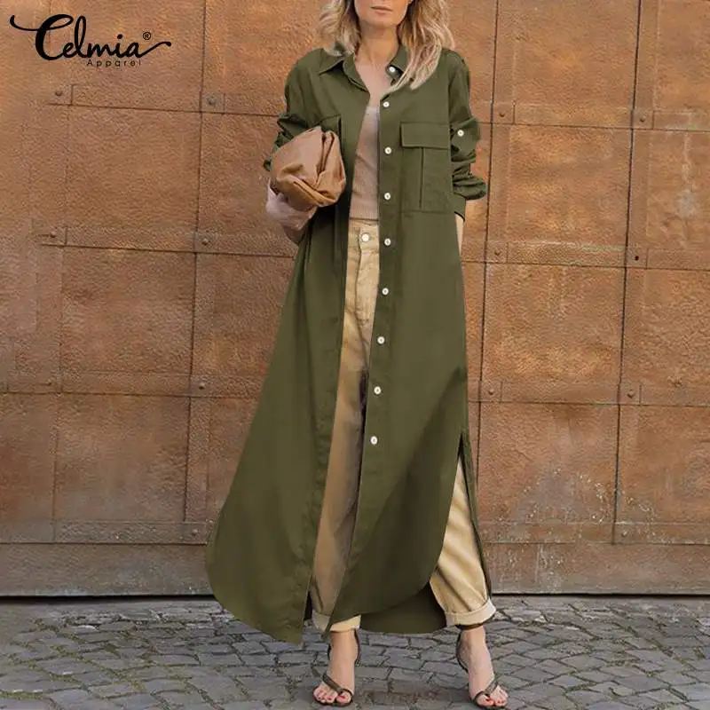 

Женская длинная рубашка с отложным воротником, длинным рукавом и карманами