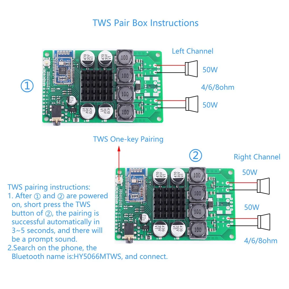

Bluetooth 5.0 Audio Module with Amplifier 2*40W/50W Lossless Compression TWS 2 Channel Audio Amplifier Board Serial Port Rename