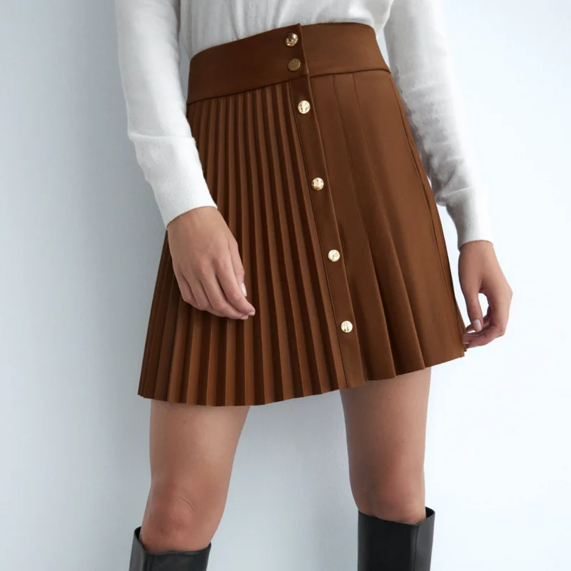 

2020 New Women Autumn Solid PU Leather Skirt High Waist Buttons Sexy Mini Pleated Skirts Asymmetrical Fashion Faldas Streetwear