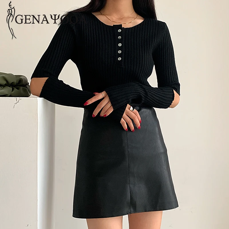 

Genayooa Autumn Winter Knitted Sweater O-neck Women Solid Slim Sweater Hollow Out Long Sleeve Pullovers Knitting Jumpers 2020